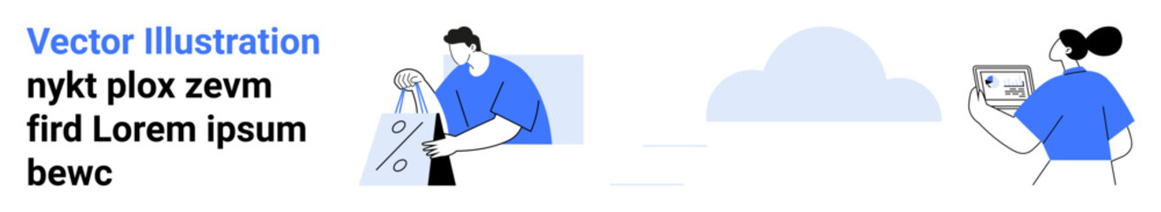 Worker carrying a piece of luggage and a person using a smartphone, with cloud. Ideal for urban services, delivery solutions, navigation apps, technological connectivity, city logistics, customer