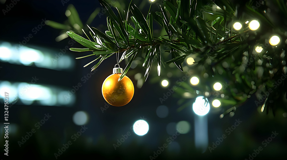Poster golden ornament hanging from evergreen branch with twinkling string lights and bokeh background at n