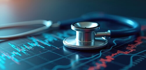 Close-up of stethoscope lying on medical chart data or graph. Medical diagnostic tool for examining heartbeat. Healthcare finance business analytics, investment concept for doctors and hospital.