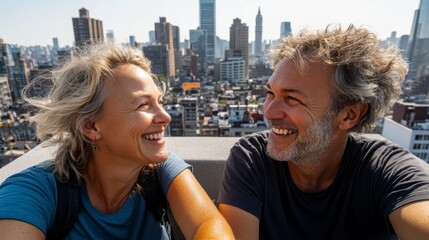 A man and woman sharing a light moment while seated on a high vantage point with cityscape in background.