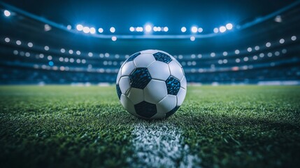 Naklejka premium Illuminated soccer ball at center of stadium highlighted by bright headlights in close up view