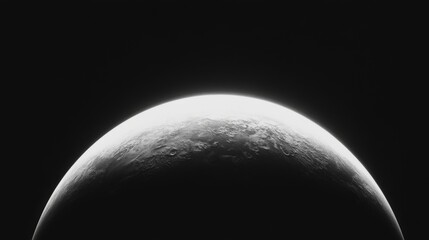 Monochrome view of a planet's crescent, showing surface texture and atmospheric glow.