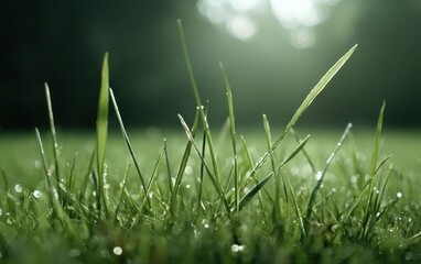 Obraz premium Dew-Covered Grass Blades in Soft Morning Light