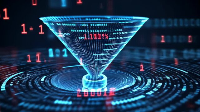 Futuristic digital funnel processing data with binary code animation in motion