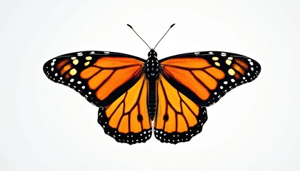 Naklejka premium Isolated monarch butterfly on transparent background. Close-up of nature insect with orange, black and white pattern on wings. Wildlife beauty on white background for design, banner or illustration.