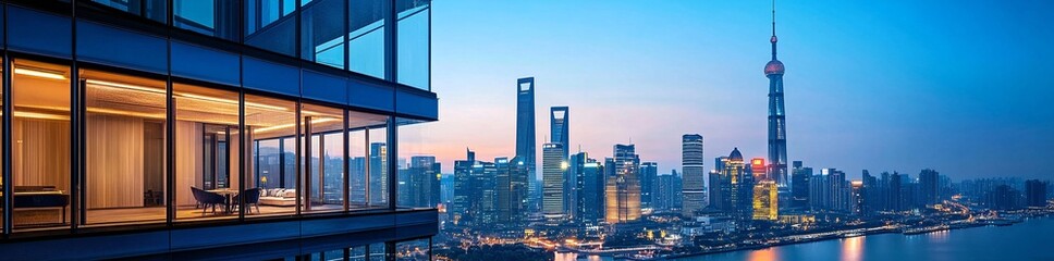 Obraz premium Stunning panoramic view of a city skyline at twilight, seen from a modern high-rise apartment with large windows.