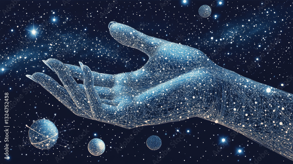 Poster abstract image of an open palm in the form of a starry sky or space, consisting of points, lines, an