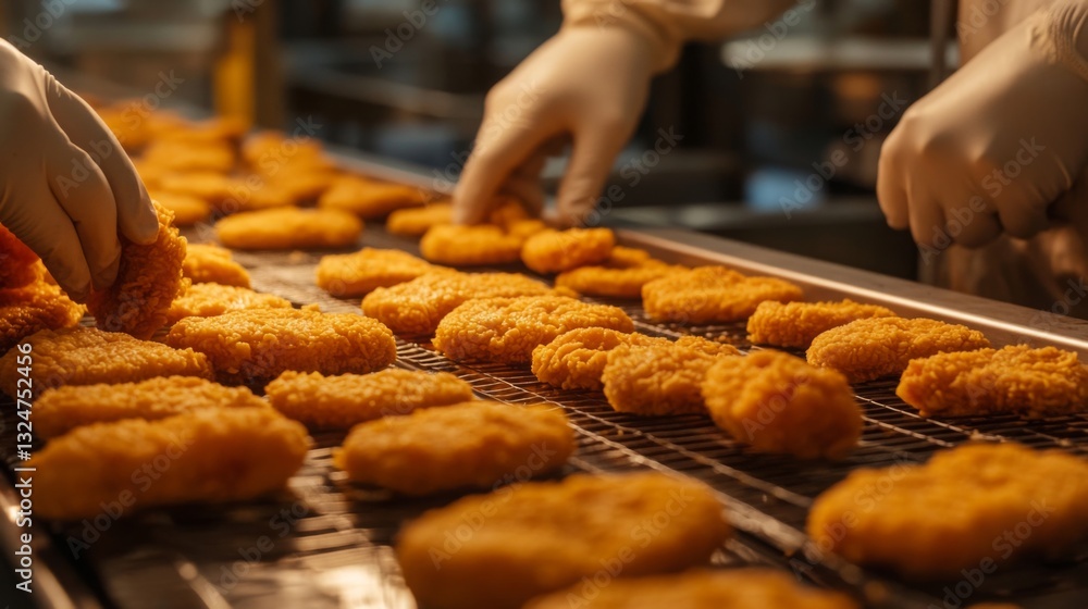 Leinwandbilder workers in gloves meticulously handle rows of golden chicken nuggets on a production line, showcasin