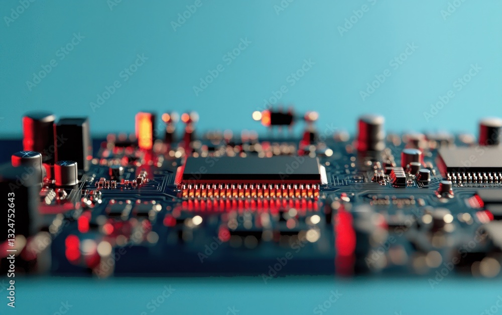 Poster closeup of circuit board with red and black components on teal background