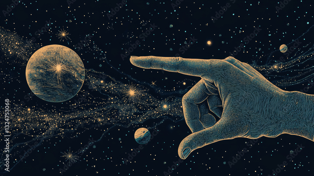 Poster abstract image of hand with pointing in the form of a starry sky or space, consisting of points, lin