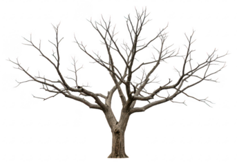 A twisted and gnarled dead tree with bare branches isolated on transparent background