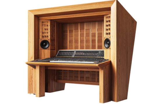 A wooden sound studio console adds warmth to a modern recording space isolated on transparent background