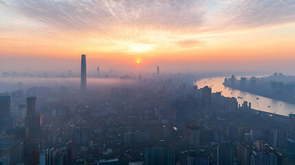 Fototapeta premium Aerial View Of A City Skyline At Sunrise With Golden Light Over Buildings And River Through Dense Fog