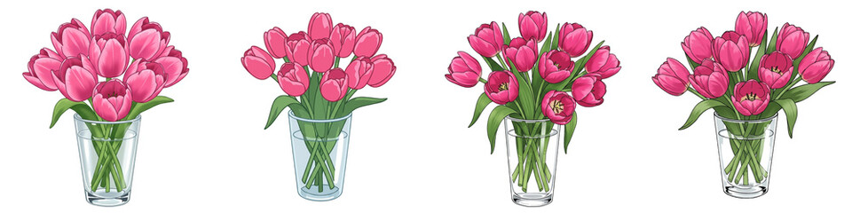Fototapeta premium Pink Tulips in Glass Vases Watercolor Illustration - Delicate watercolor painting of pink tulips arranged in four glass vases. Symbolizing spring, beauty, new beginnings, love, and celebration