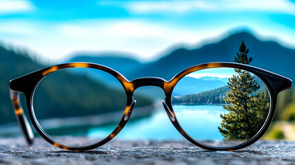 Glasses Displaying Scenic Lake And Mountain View Through Lenses With Green Trees And Clear Blue Sky