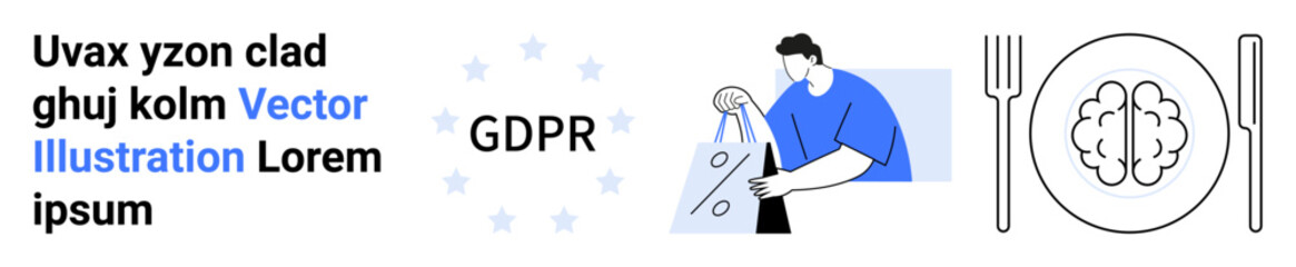 Elements include GDPR text with stars circle, a man holding an envelope, brain on plate with fork and knife. Ideal for tech, privacy, security, data protection, legal, cognitive function landing