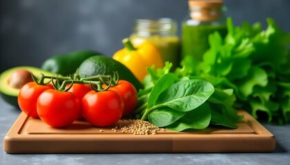 A still life photograph features a wooden cutting board laden with fresh produce, set against a muted gray backdrop