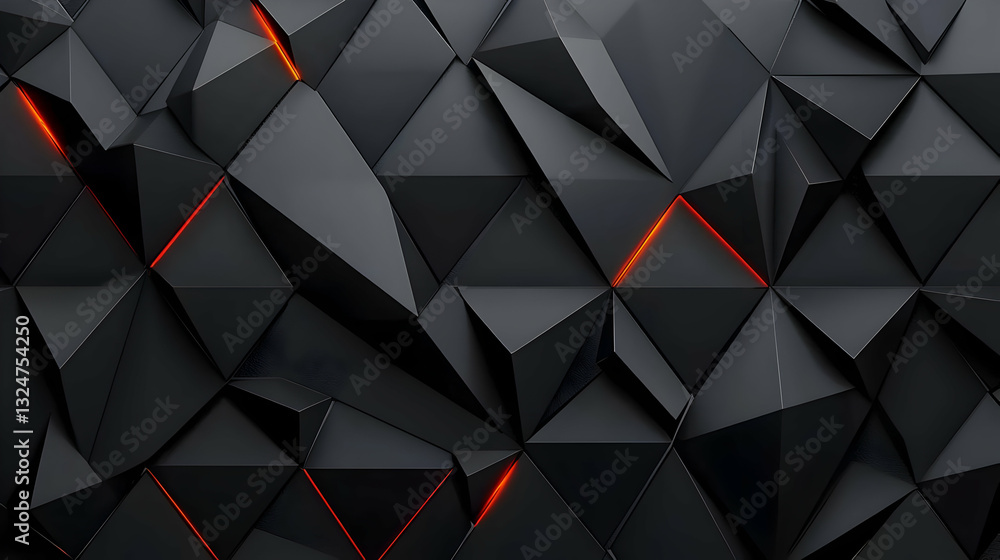 Aufkleber 3d rendered abstract geometric background with dark triangles and red illuminated lines