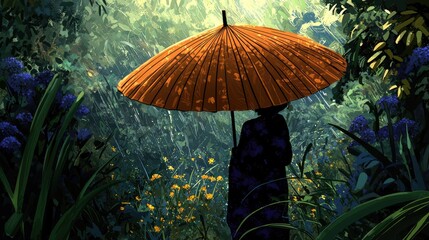 Silhouette under an umbrella surrounded by flowers in rain