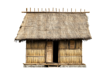 Traditional straw hut with thatched roof showcasing rustic charm in a tranquil outdoor setting isolated on transparent background