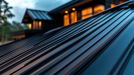 Obraz premium An elegant shot of a contemporary home highlighting its sleek metal roof design under a cloudy evening sky, showcasing modern architecture at its finest.