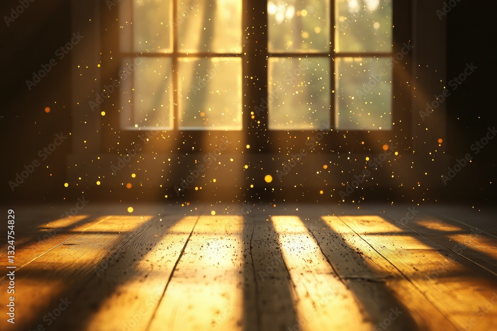 Poster sunlit wooden floor with dust particles illuminated by golden rays streaming through a window.