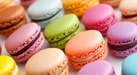 Obraz premium A delightful assortment of colorful macarons, showcasing a variety of pastel shades and delicate textures. A sweet treat for the eyes!
