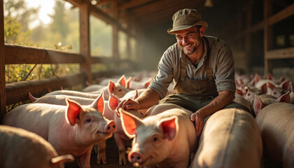 Happy farmer with hat sits among many cute piglets inside barn. Cheerful man enjoys farming, petting adorable pink pigs at animal farm. Livestock, animal husbandry, agriculture concept.