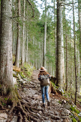 Obraz premium A young tourist with a hiking backpack walks along a hiking path in a mountain forest. Happy woman enjoys the weather outdoors. Hiking, travel concept. Active lifestyle.