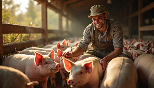 Happy farmer with hat sits among many cute piglets inside barn. Cheerful man enjoys farming, petting adorable pink pigs at animal farm. Livestock, animal husbandry, agriculture concept.