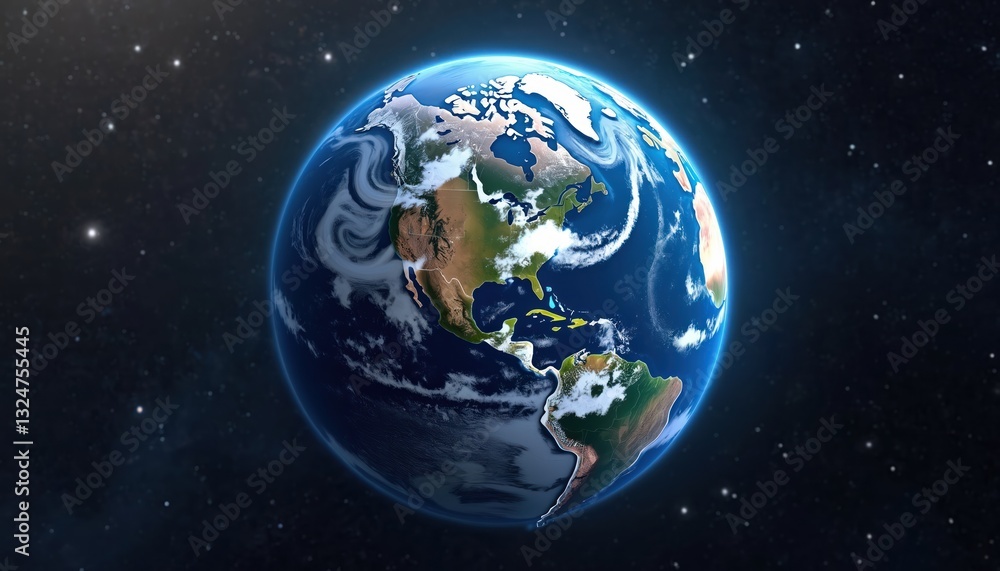 Aufkleber planet earth view from space in star field. world globe showing terrain, oceans, clouds. 3d renderin