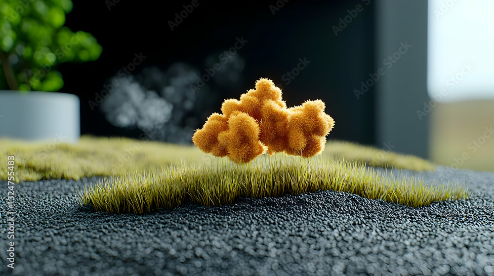 Poster abstract artificial golden cluster floating above grassy surface with green plant and dark backgroun