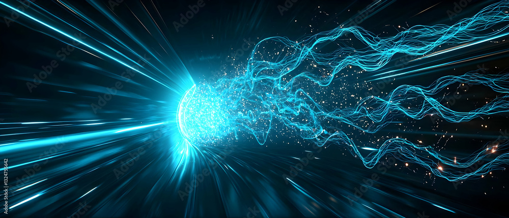 Poster dynamic blue light streaks and particles converging in a futuristic digital space on a dark backgrou