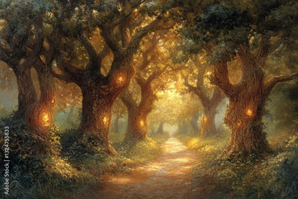 Poster a magical path winds through an ancient forest, glowing trees illuminating the way.