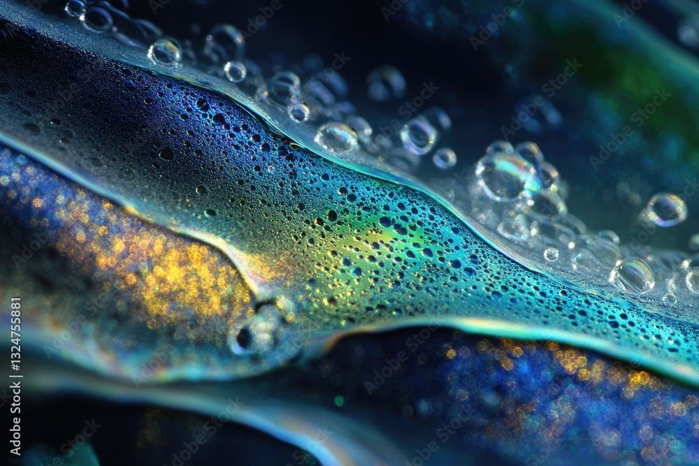 Poster close-up of iridescent liquid surface with numerous bubbles, creating an abstract, colorful texture.