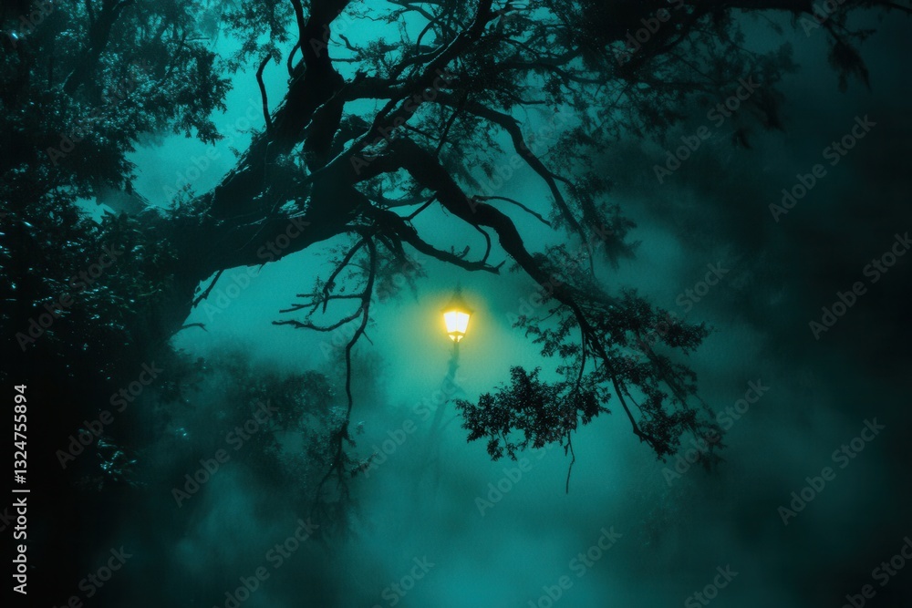 Poster misty dark forest with eerie fog and a glowing street lamp in the distance creates a suspenseful atm