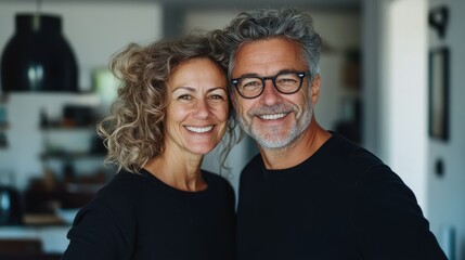 Fototapeta premium Couple in kitchen posing for picture.