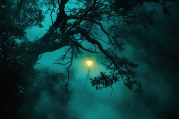 Fototapeta premium Misty dark forest with eerie fog and a glowing street lamp in the distance creates a suspenseful atmosphere