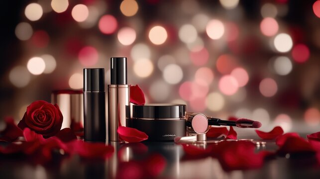An artistic arrangement of luxurious makeup products surrounded by red roses, creating a romantic and elegant atmosphere perfect for beauty, cosmetics, and love themes.