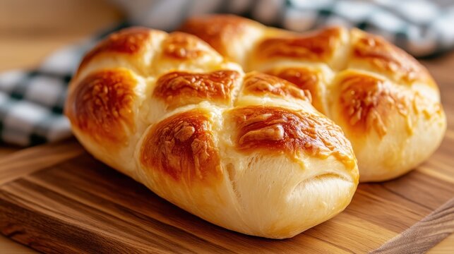A pair of freshly baked golden bread loaves rests on a wooden cutting board, presenting a tempting view that highlights the artisanal qualities of homemade baking.