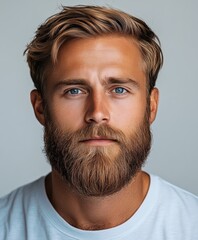 Fototapeta premium Young man with a full beard and piercing blue eyes wearing a white shirt, showcasing a confident expression against a neutral background