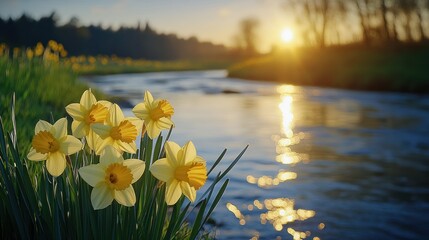 Daffodils by River at Sunset