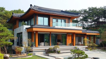 Obraz premium A luxurious modern house with eastern architectural design elements