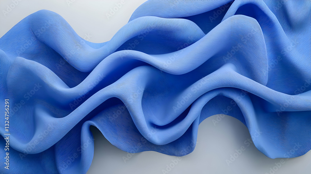 Poster flowing blue abstract 3d rendered digital art fabric in soft fluid motion with smooth rippled curves