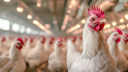 Proud white chickens in a modern poultry house highlighting rural agriculture and food production