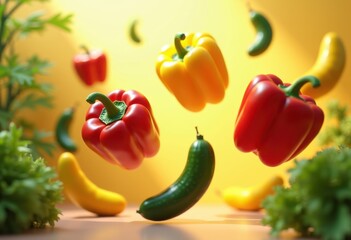 vibrant vegetables floating mid air simple background dynamic colors freshness, avocado, artichoke, asparagus, basil, beet, bell, bok, broccoli