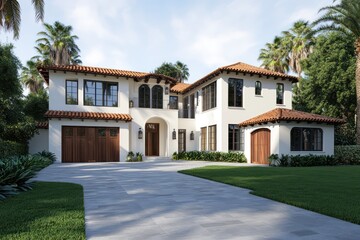 Naklejka premium A beautiful residence with a terracotta Spanish-style roof, alabaster white stucco walls, and deep mahogany wood accents