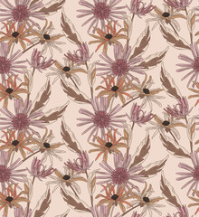 Mocha mousse color pattern of flowers and leaves, repeating pattern, artistic like wallpaper.	
