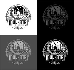 Elegant Islamic Eid Mubarak logo featuring a mosque, crescent moon, and lanterns. Perfect for Ramadan, Idul Fitri greetings, branding, and festive decorations.