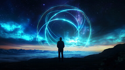 Fototapeta premium Celestial Connection: A Person Under a Starry Sky with Energy Lines